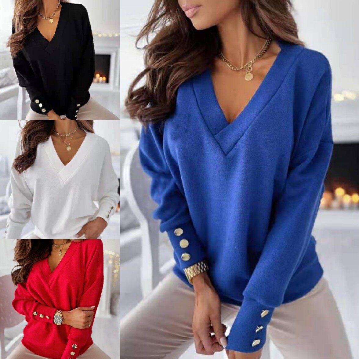 亚马逊速卖通春秋袖口纽扣装饰领休闲针织衫长袖打底上衣女