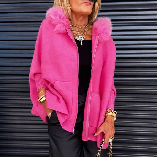秋冬欧美跨境亚马逊时尚宽松口袋拉链纯色大毛领针织连帽外套