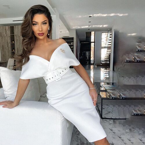 欧美女装秋季新款气质露肩高腰显腰配腰带款连衣裙