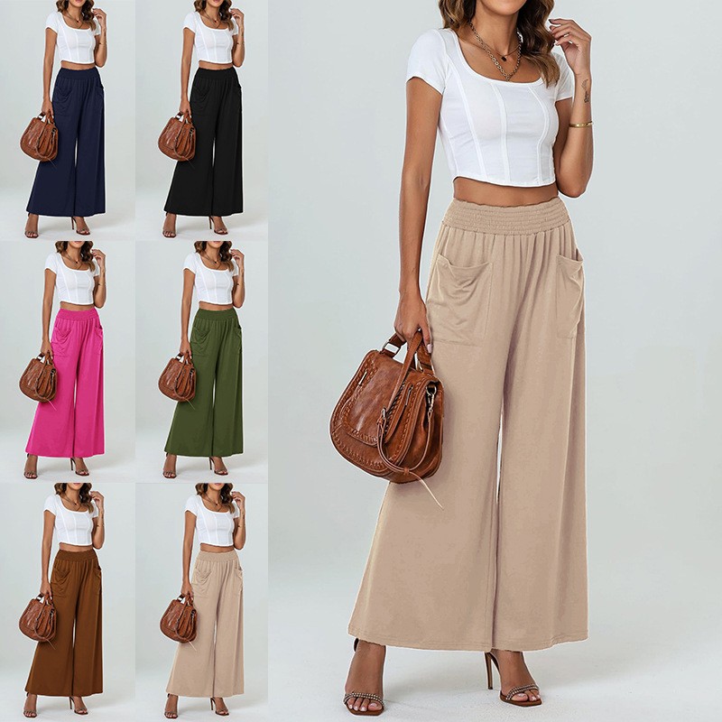 新款亚马逊欧美女装松紧腰高腰微辣裤宽松休闲长裤带口袋