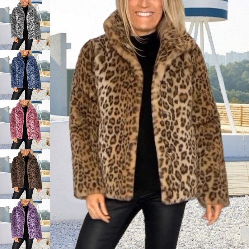 冬季新款外贸女士外套独立站欧美热卖时尚豹纹翻领仿皮草毛呢上衣