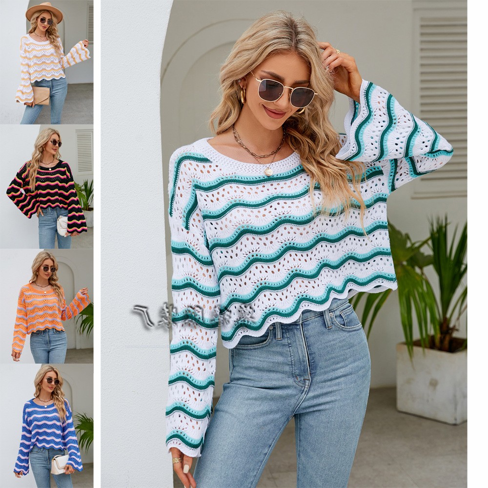 春秋女装亚马逊跨境外贸时尚长袖罩衫圆领欧美新款针织条纹毛衣女