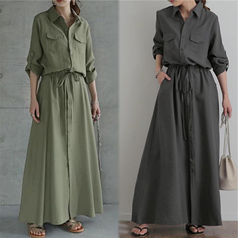 外贸女装亚马逊春秋季新款女式连衣裙翻领长袖休闲纯色衬衫长裙