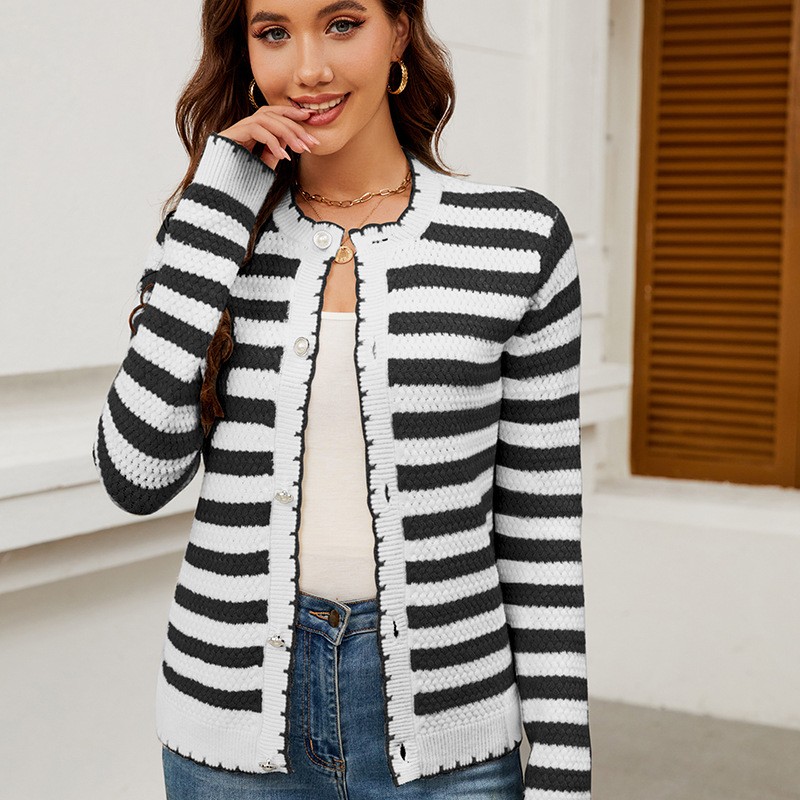 新女士条纹毛衣纽扣针织开衫外套跨境秋冬亚马逊希音爆款