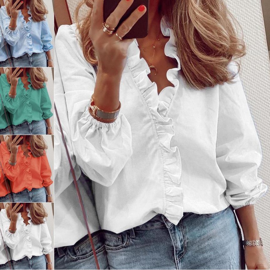 亚马逊独立站春夏款欧美长袖纯色荷叶边衬衣女式衬衫