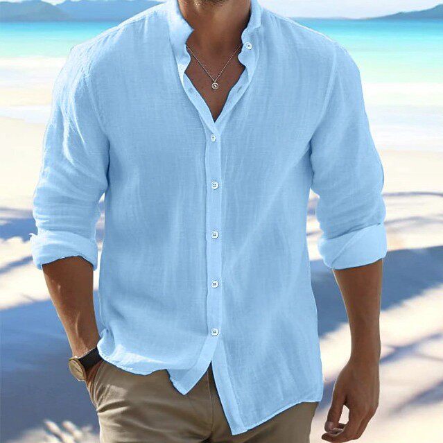 跨境男士亚麻系扣衬衫夏季沙滩衬衫长袖素色立领春夏休闲日常服装