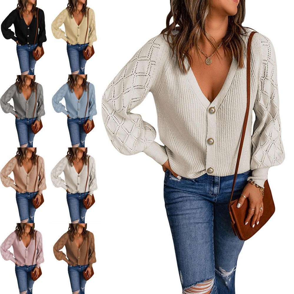 欧美秋季新款纯色菱格泡泡袖针织衫外套女宽松单排扣开襟毛衣