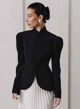 秋冬气质优雅通勤泡泡袖小香风外套女法式优雅复古立领黑色小西装