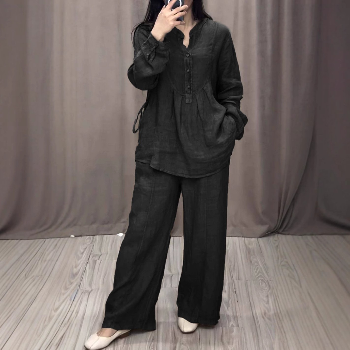 欧美独立站秋新款时尚舒适棉麻长袖半开襟休闲抽褶阔腿裤套装