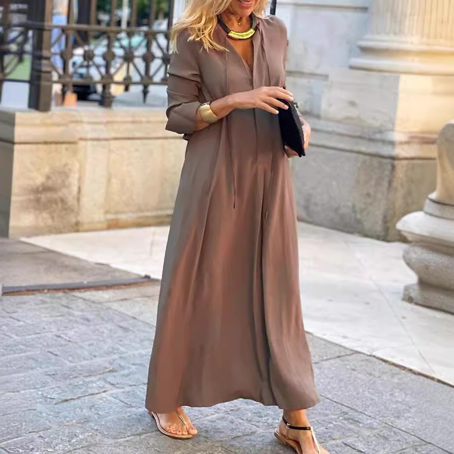 欧美连衣裙亚马逊新款纯色领长袖简约休闲裙子 秋冬连衣裙