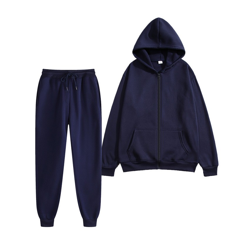 跨境抓绒男式拉链衫套装宽松开衫连帽卫衣卫裤纯色运动服两件套