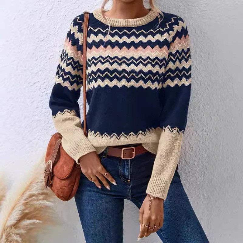 欧美跨境外贸女装毛衣时尚圆领针织上衣经典条纹拼色亚马逊针织衫