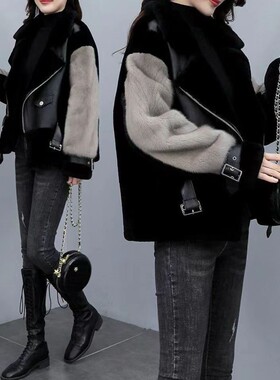 新款机车服黑色皮毛一体欧貂时尚宽松皮毛一体外套女气质外穿拼接