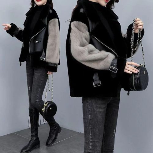 新款机车服黑色皮毛一体欧貂时尚宽松皮毛一体外套女气质外穿拼接