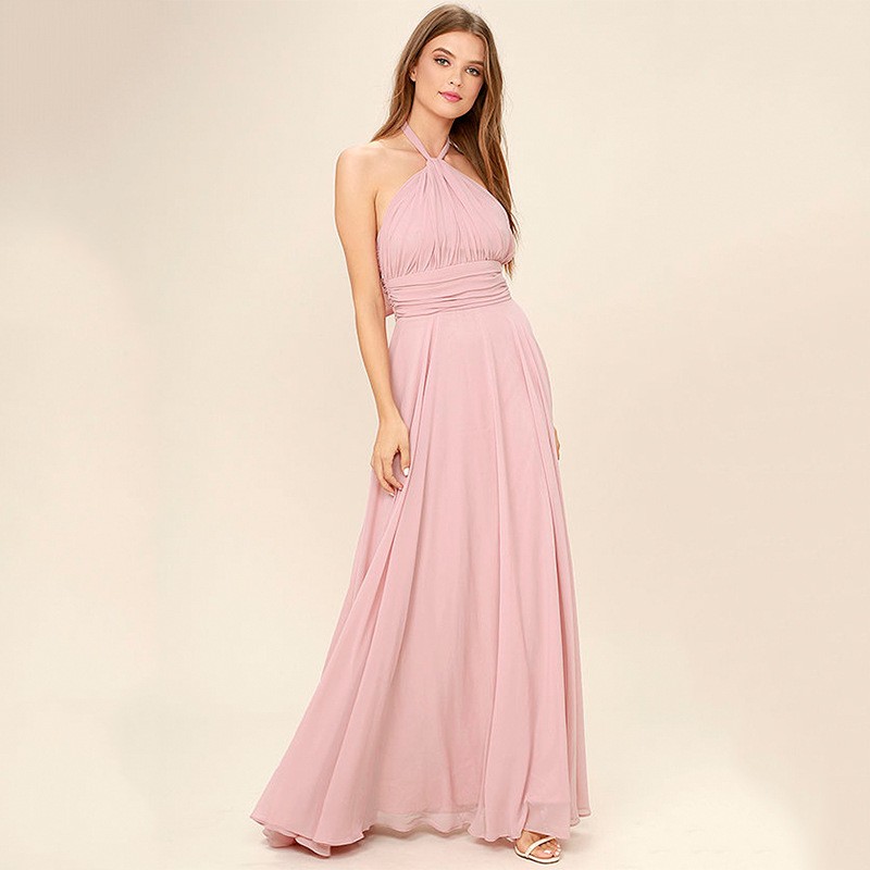 亚马逊跨境外贸女装 欧美性感雪纺挂脖褶皱连衣礼服长裙