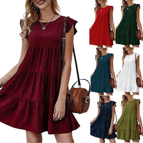 Solid round neck sleeveless casual dress for women 连衣裙女