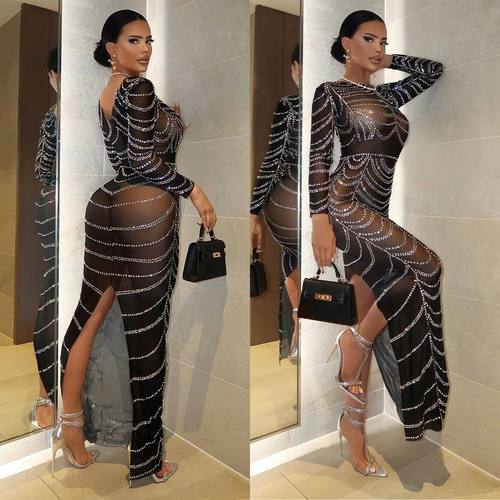 跨境秋冬新品欧美女装时尚性感紧身长袖修身夜店烫钻连衣裙