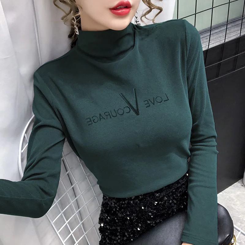 跨境女装秋冬季新款双面德绒打底衫女半高领字母刺绣上衣