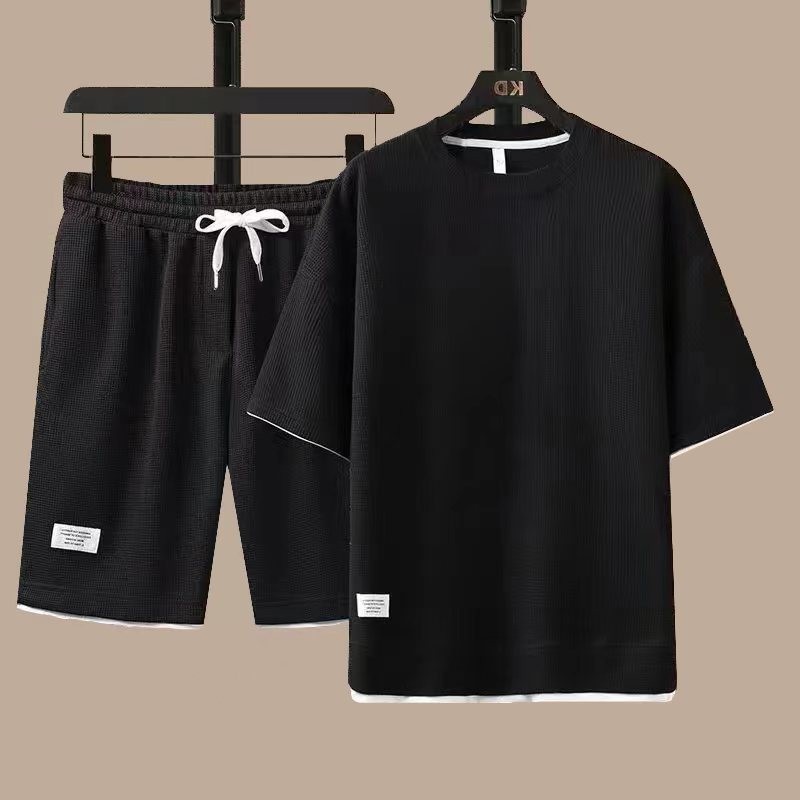 夏季男士运动套装短袖恤套装休闲跑步假两件华夫格运动服套装