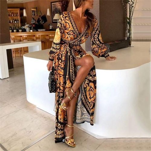 现货欧美复古印花连衣裙 领套头复古风长袖大摆开叉长