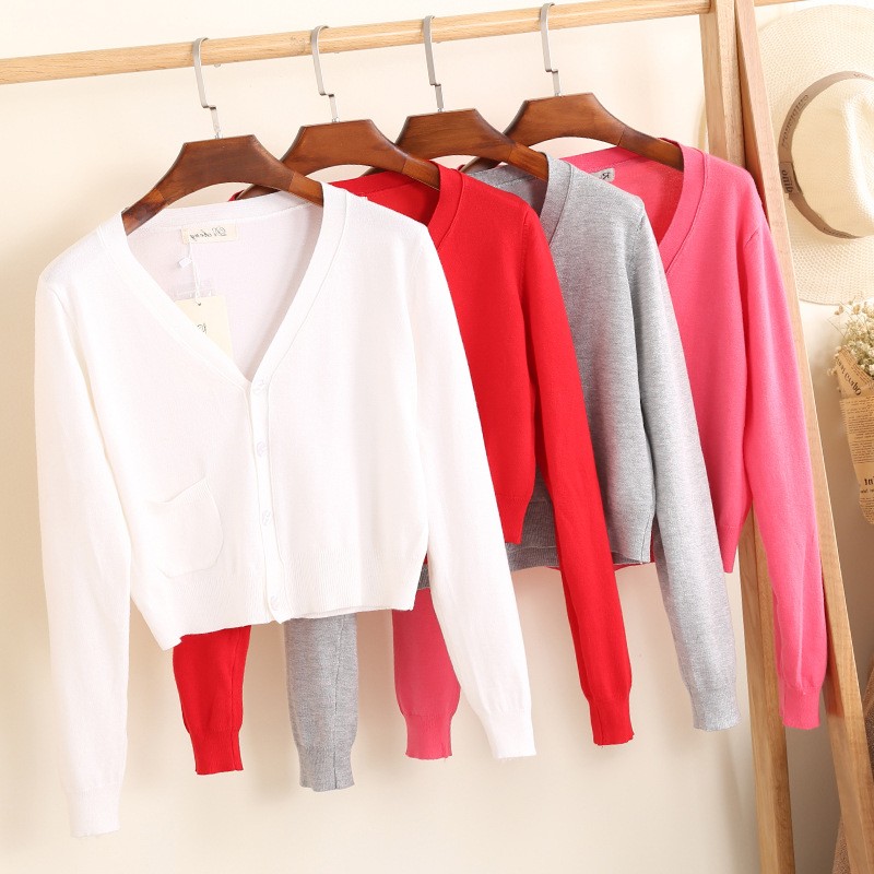 东莞大朗毛衫女短款薄针织开衫女装潮春夏长袖丝光棉口袋外套