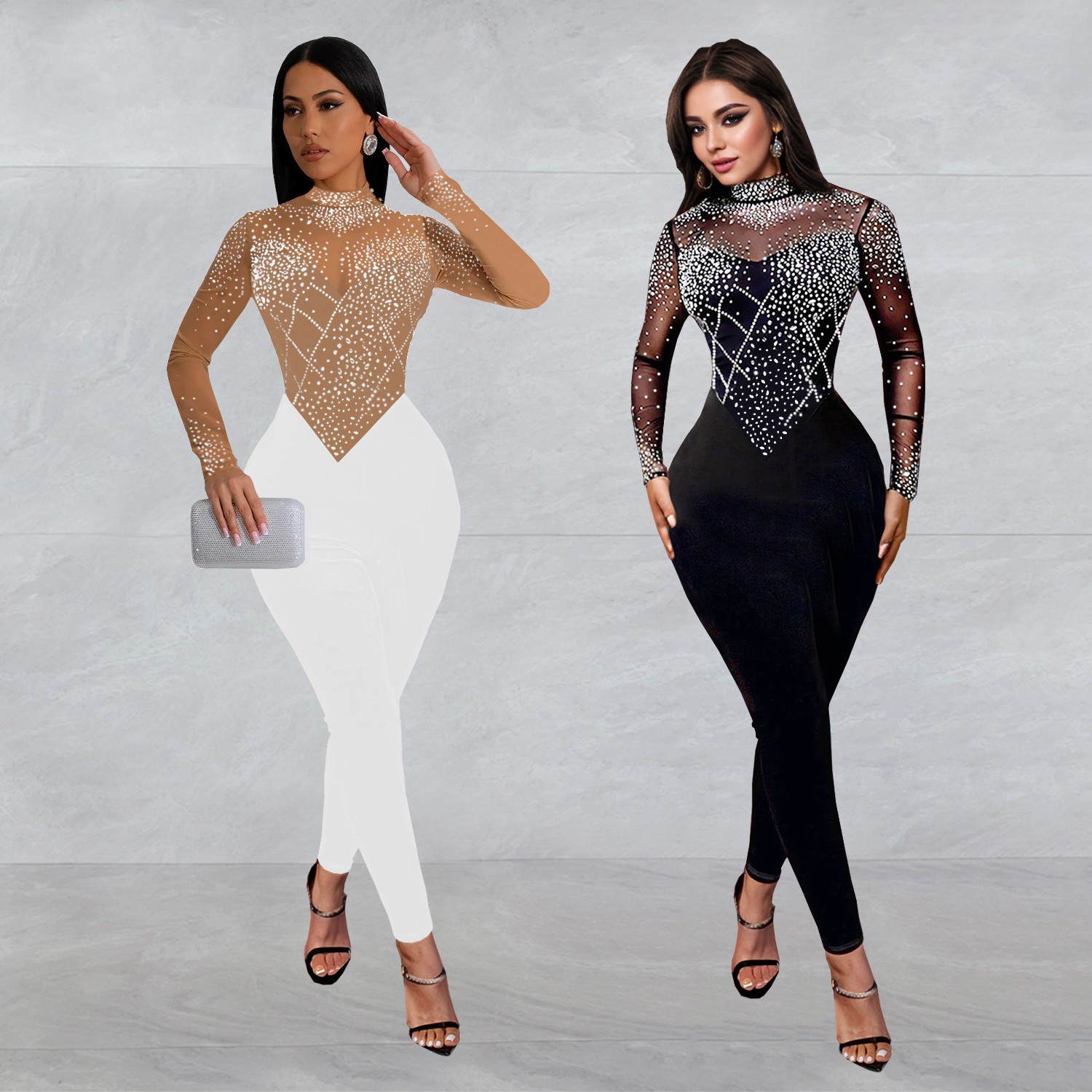 跨境速卖通亚马逊欧美时尚女装修身网纱烫钻长袖长裤连体裤