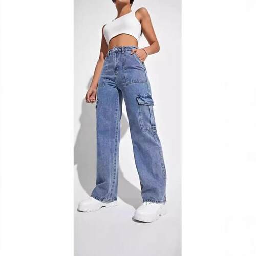 High waisted denim work pants女士多口袋休闲风高腰牛仔工装裤