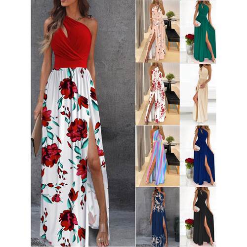 Diagonal neckline hollowed out slit dress 斜领镂空开叉连衣裙