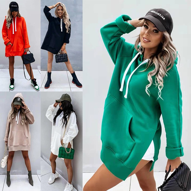 年亚马逊欧美跨境外贸秋冬新款女士纯色连帽中长款卫衣 现货