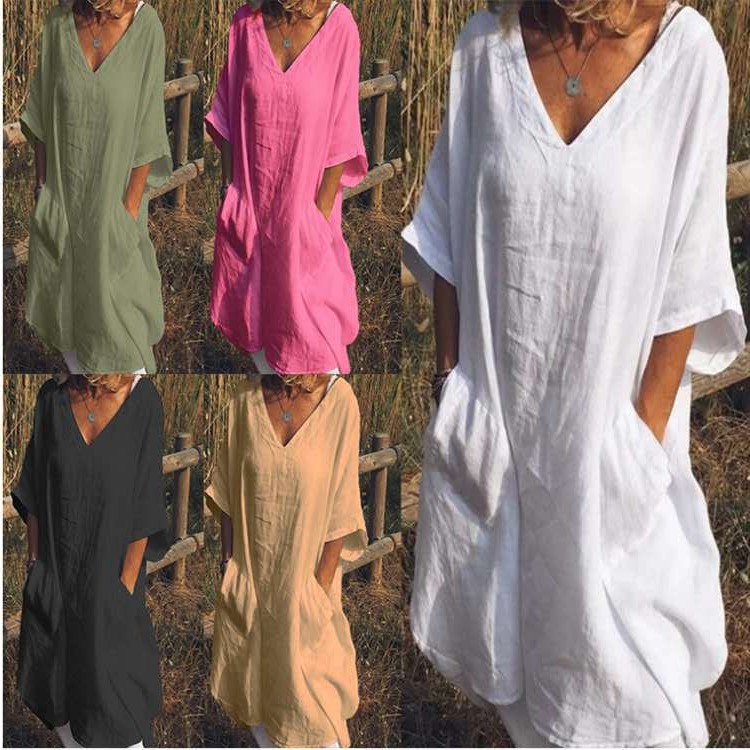 棉麻连衣裙亚逊新款热卖 纯色百搭大码领中袖口袋连衣裙