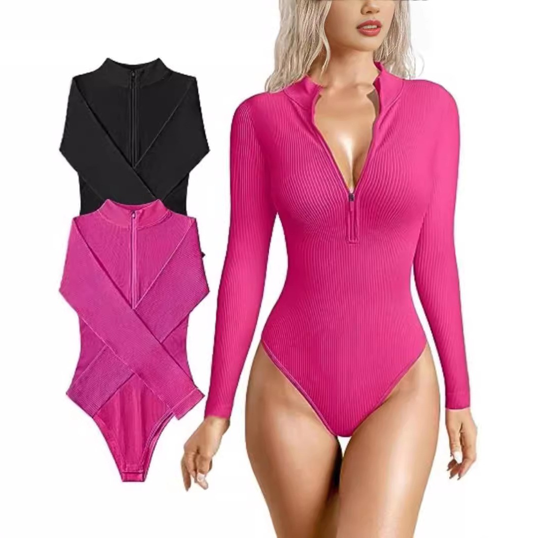 欧美跨境亚马逊长袖连体衣性感罗纹连体前拉链长袖上衣连体衣