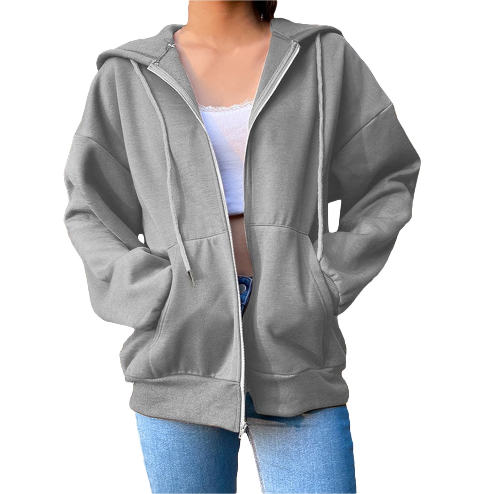 新款纯色连帽加绒运动衫长袖外套女士街头宽松大码拉链上衣