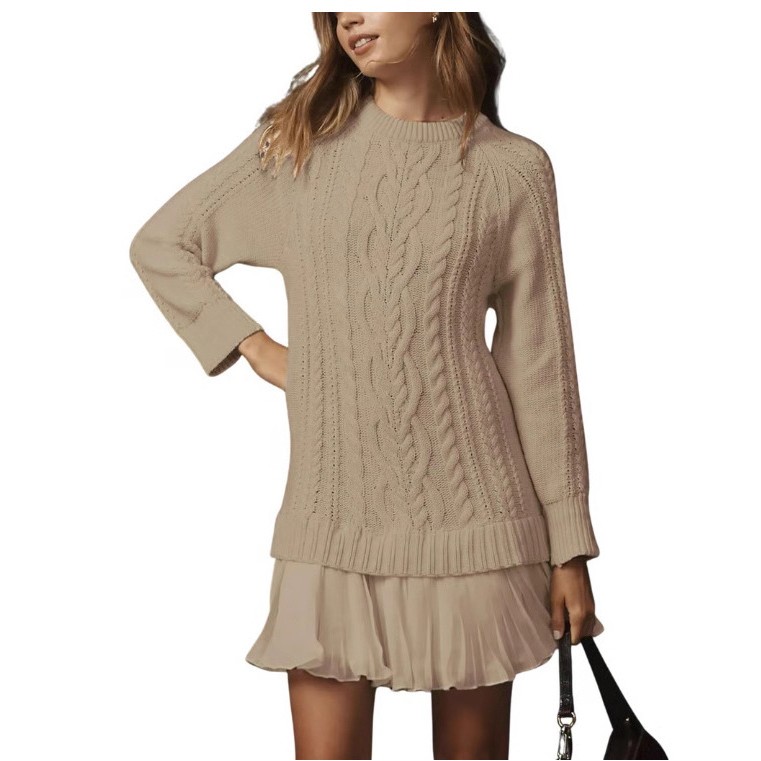 秋冬独立站亚马逊爆款女装外贸毛织纯色毛衣连衣裙