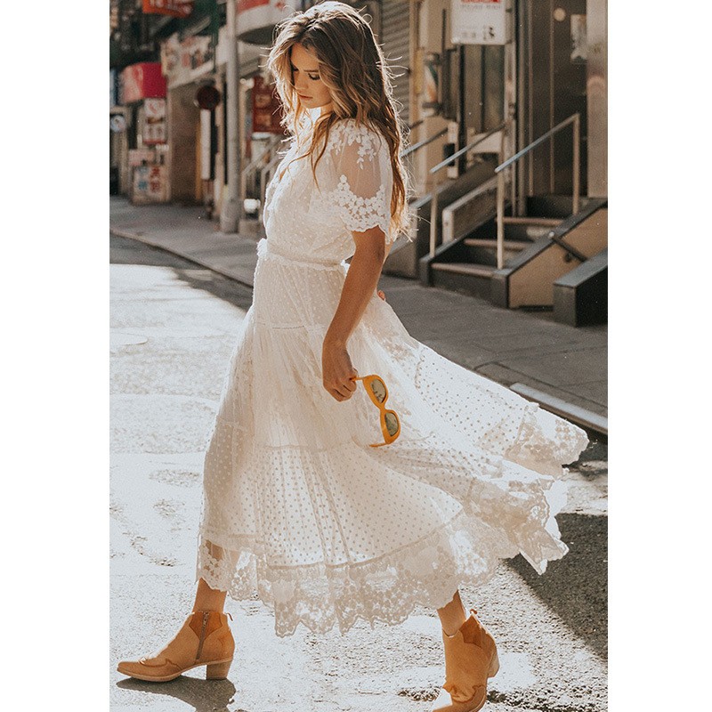 欧美夏季外贸新款女装 亚马逊领短袖蕾丝连衣裙