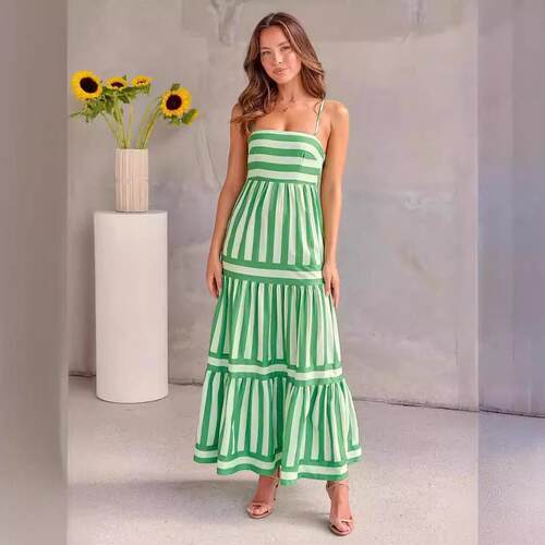 New temperament striped sexy swing halter dress 褶皱露背长裙