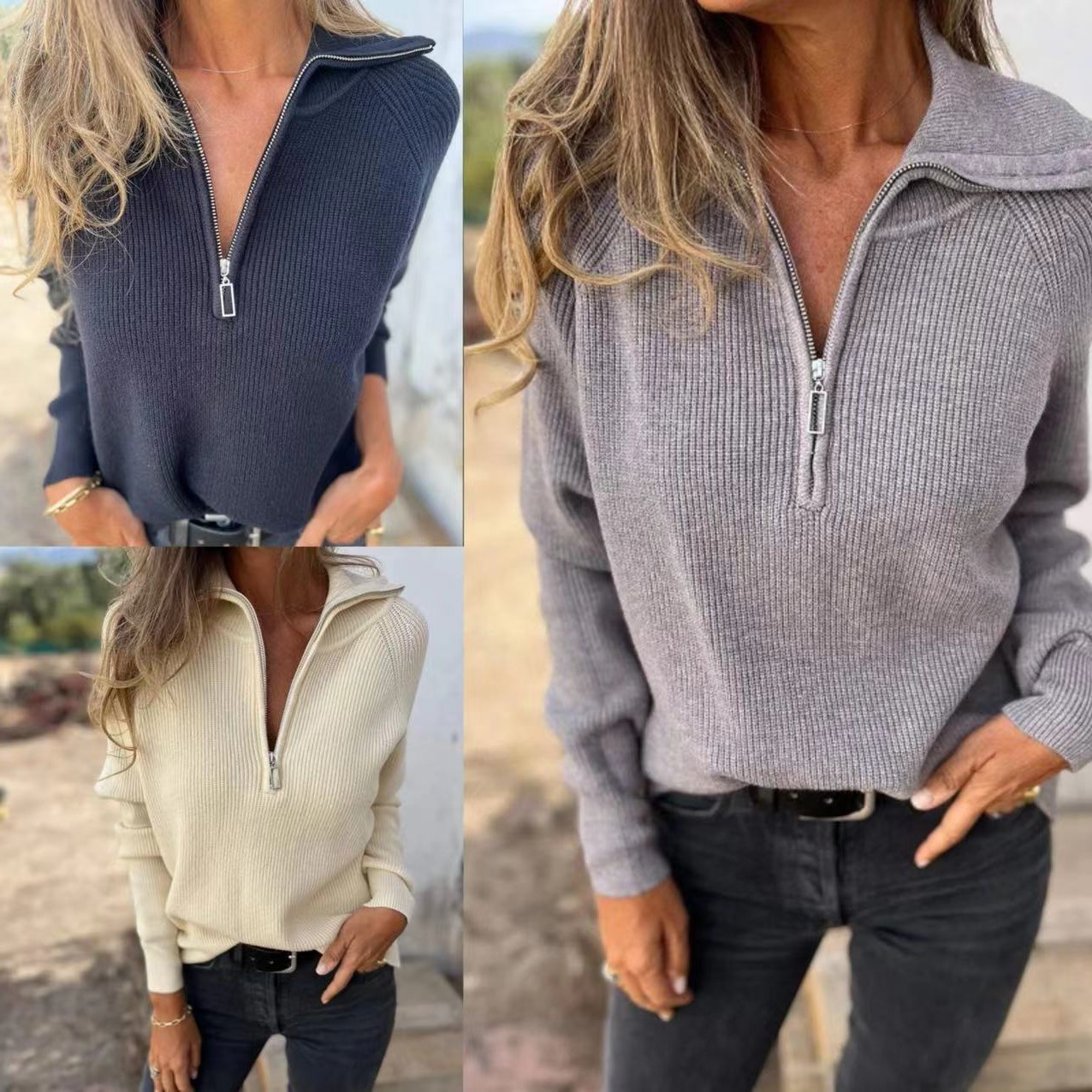 秋冬季新款跨境女装独立站休闲纯色长袖针织衫拉链套头毛衣女