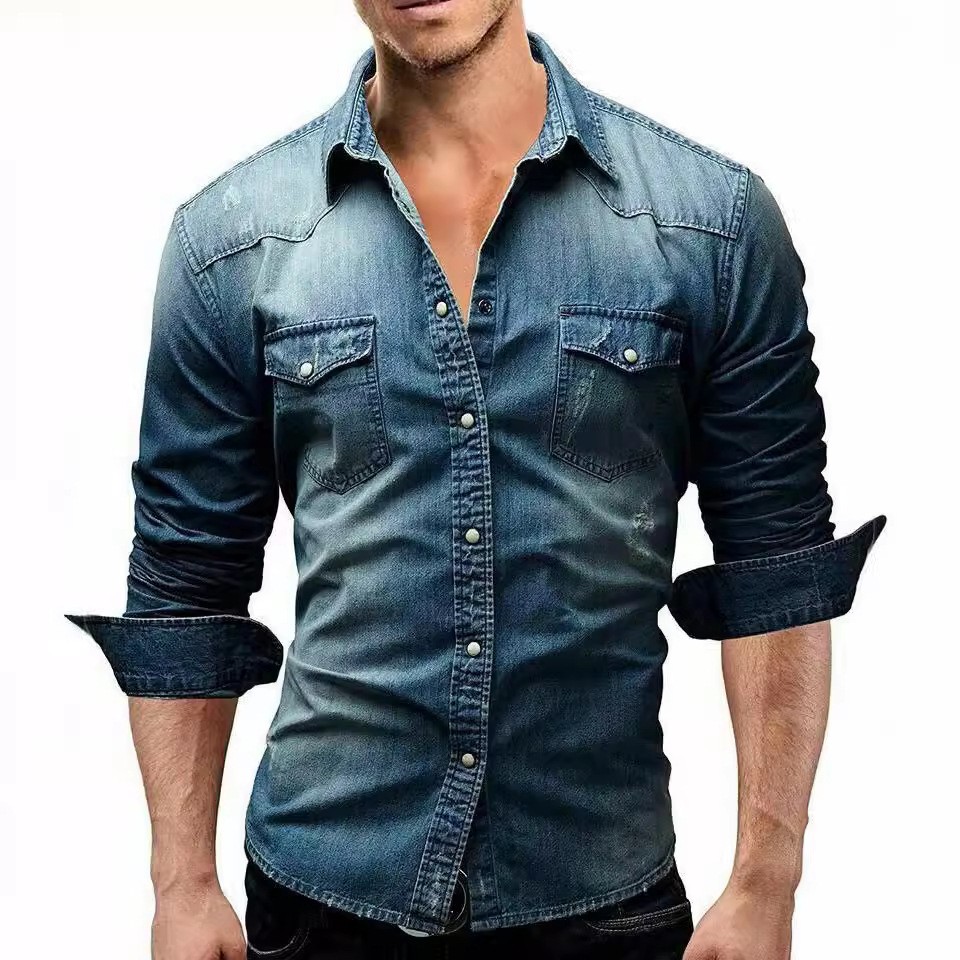 新款外贸 牛仔外套衬衫 亚马逊欧美牛仔外套男士上衣