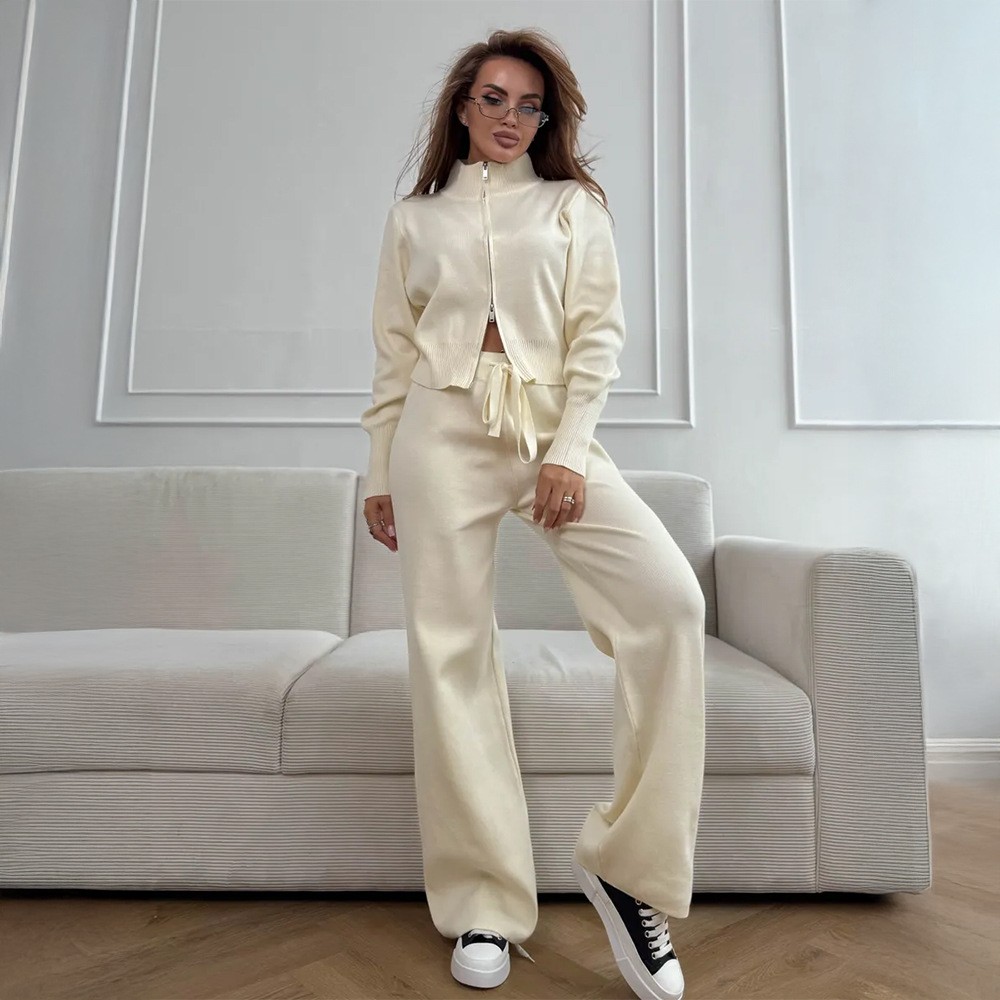 跨境拉链针织套装欧美秋冬新款气质通勤双开拉链修身毛衣套装