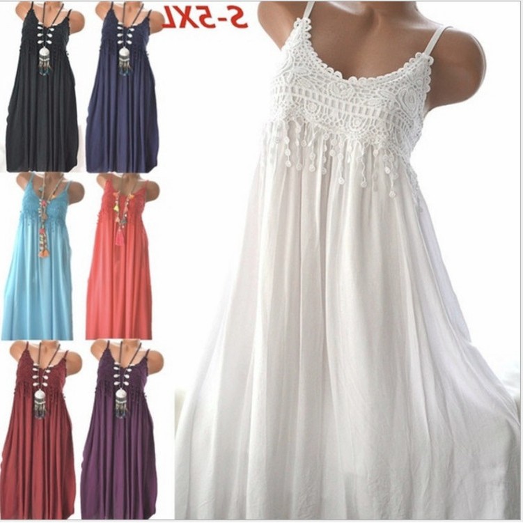 速卖通亚马逊热卖爆款性感花边拼接纯色中长款吊带连衣裙