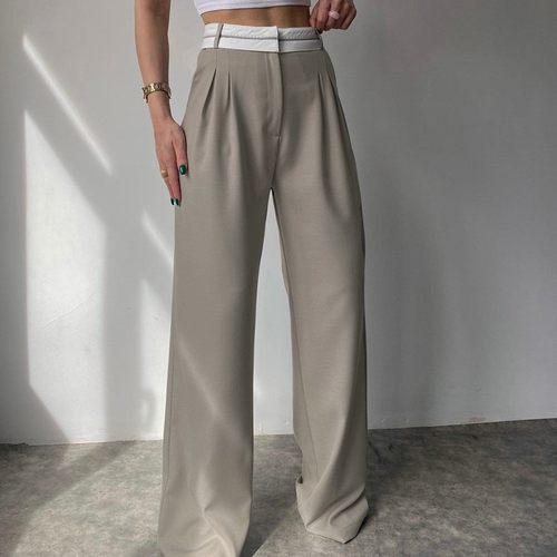 外贸欧美秋季新款纯色时尚显瘦休闲长裤小众设计感拖地西装裤