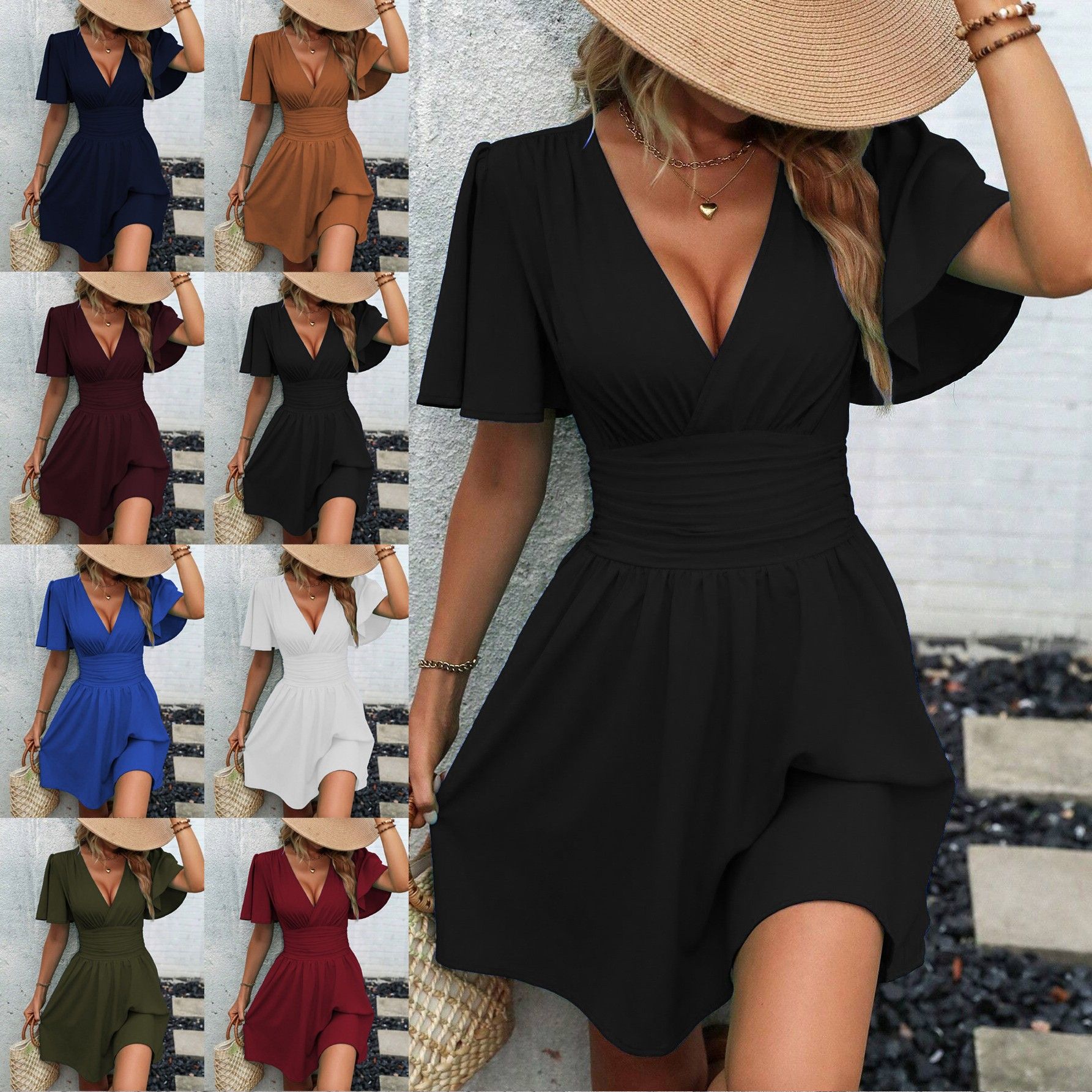 夏季新款深领荷叶袖纯色打揽连衣裙