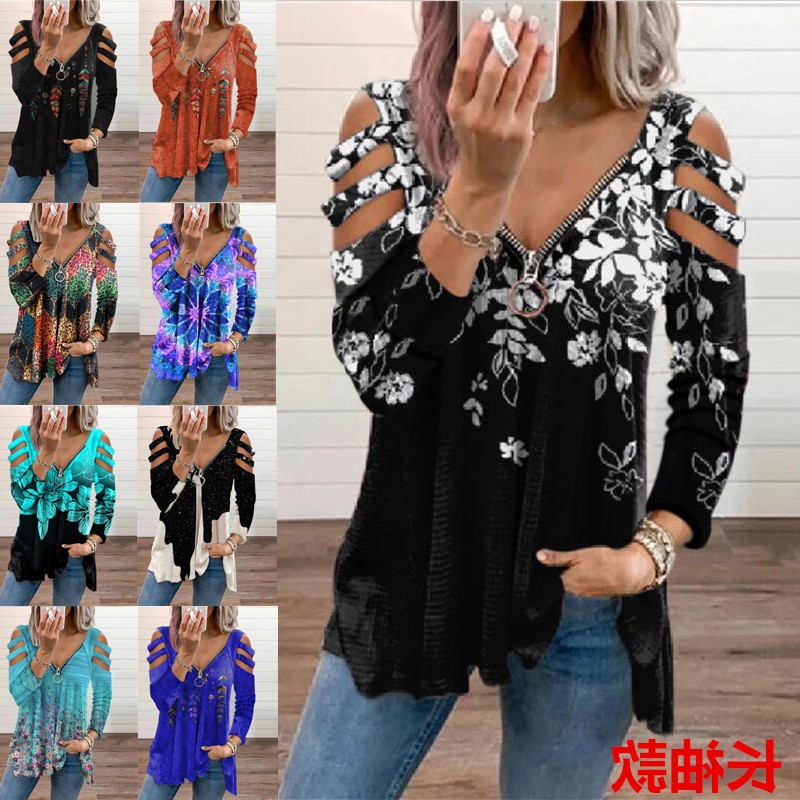 欧美跨境外贸秋冬女装 拉链套头印花长袖宽松恤女式上衣