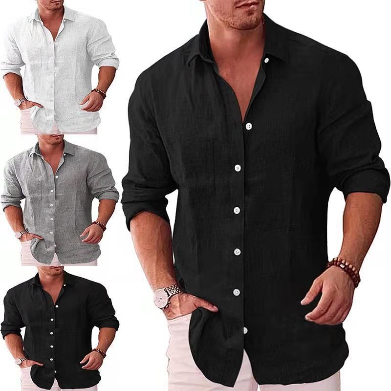 亚马逊外贸男士宽松大码纯色衬衣亚麻翻领长袖休闲衬衫男