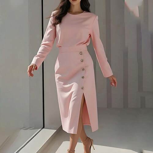 2026跨境外贸欧美女装 春季新款 纯色纽扣开叉圆领收腰连衣裙长裙
