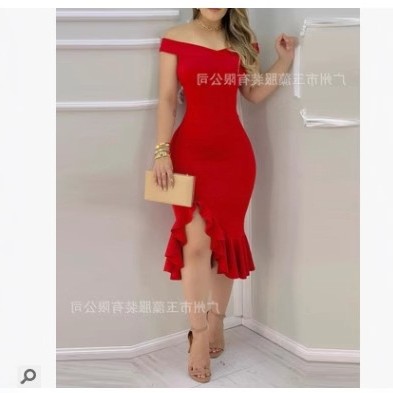 夏季欧美领一字裙紧身显瘦吊带性感气质女士荷叶边中长款连衣裙