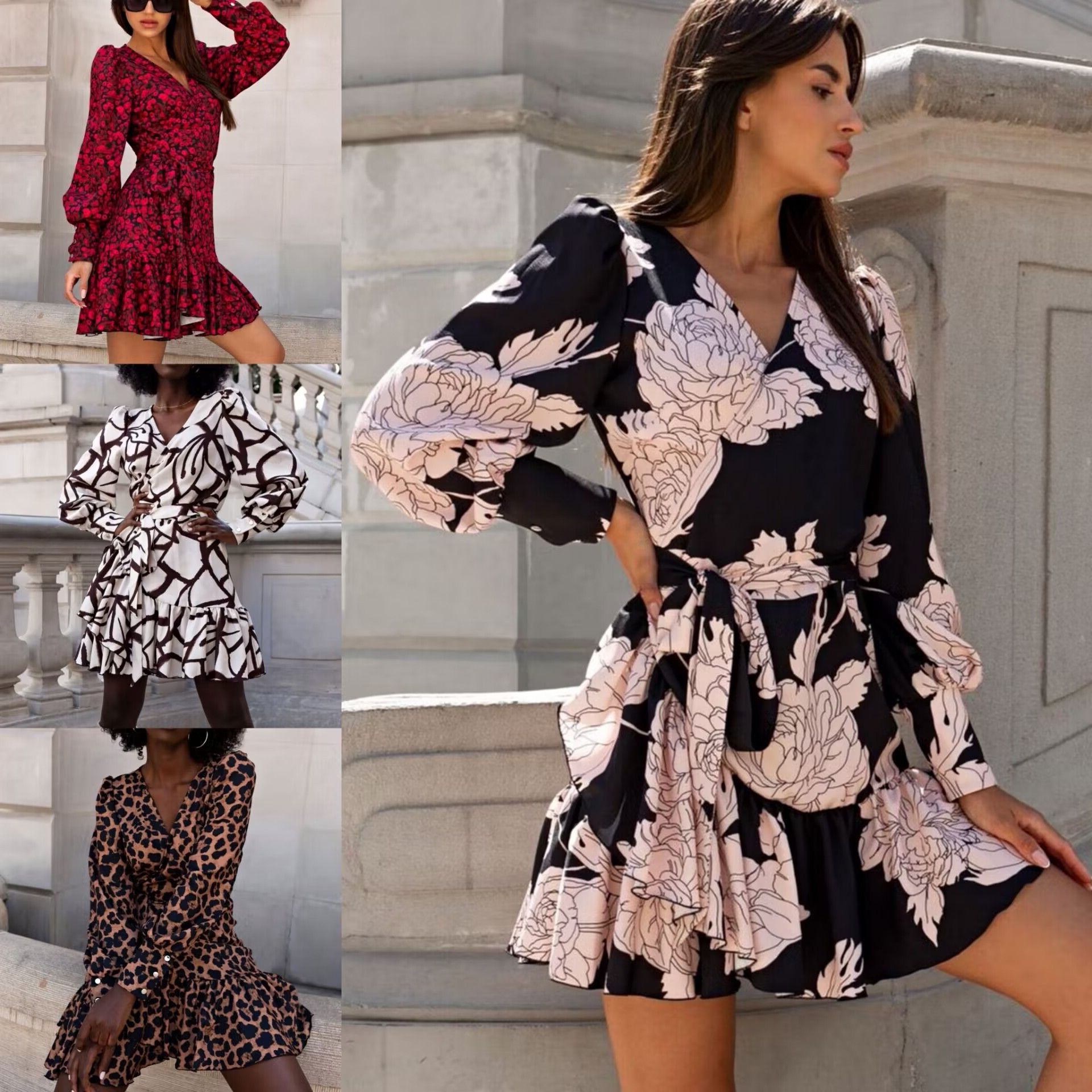 欧美速卖通亚马逊秋季新款领印花系带收腰荷叶边长袖连衣裙