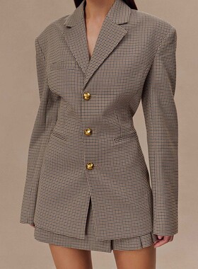 黑色格子翻领西装外套 欧美跨境冬季新款领单排扣外套