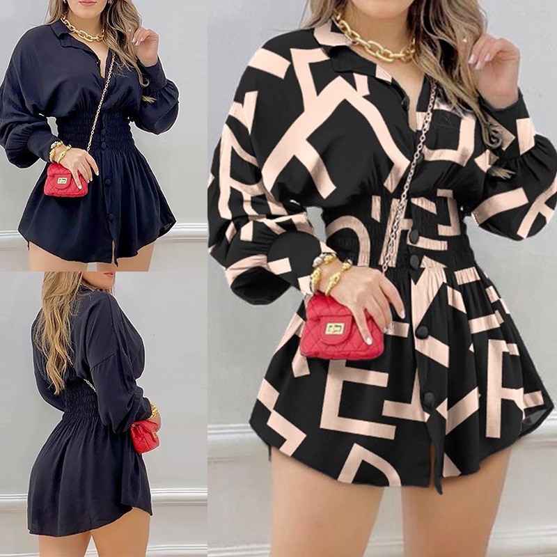 年亚马逊欧美跨境秋冬新款女士时尚印花收腰褶皱衬衣 现货