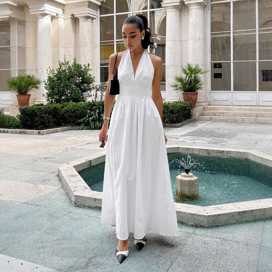 跨境纯棉长款连衣裙欧美春夏季收腰领绑带长裙大摆连衣裙女