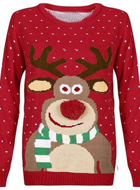秋冬亚马逊跨境休闲红色圣诞毛衣女圆领宽松粘毛球小鹿套头针织衫